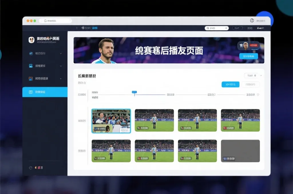 比赛结束后，电视屏幕展示集锦回放页面，旁边有时间轴和多角度切换提示